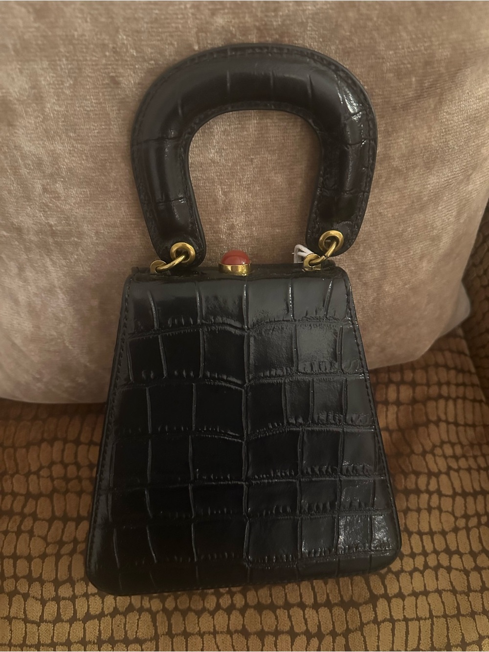 STAUD Black Croc-Embossed Top Handle Bag with Gold Hardware